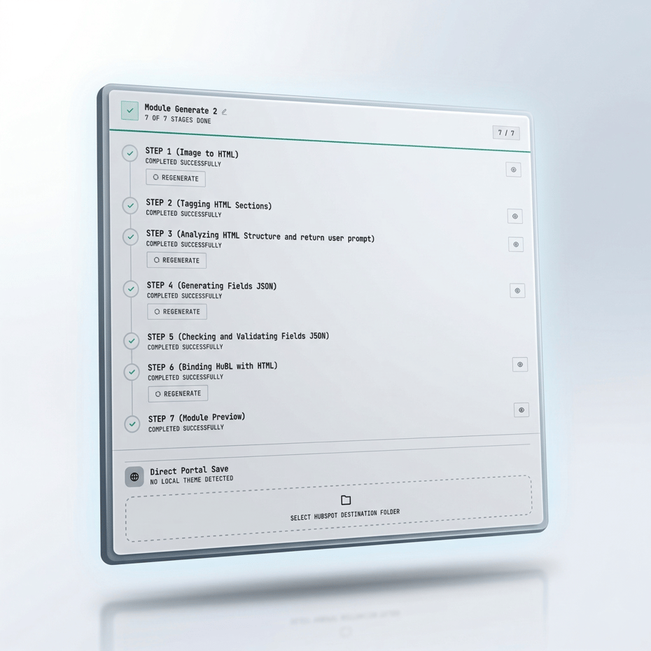 AI generating HubSpot custom module with fields.json and HubL code